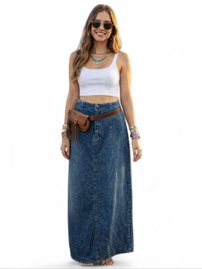 VTG 90's Y2K Festival Denim Maxi Skirt with Back Slit SZ M/L